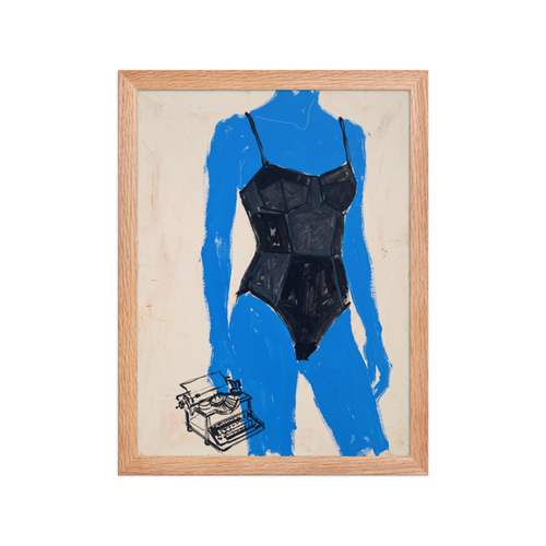 Blue Figure with Typewriter Framed Art Print