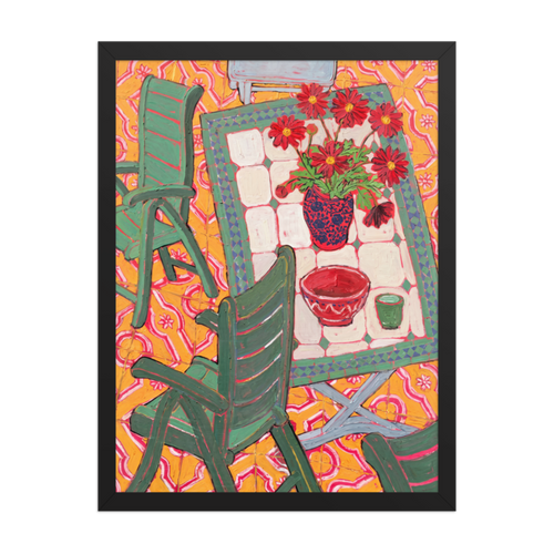 Garden Table with Red Daisies Framed Art Print
