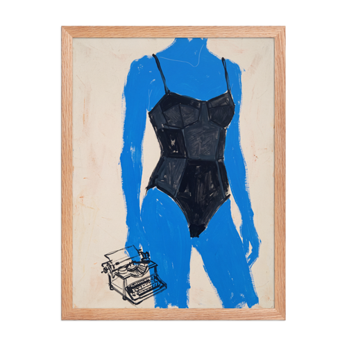 Blue Figure with Typewriter Framed Art Print