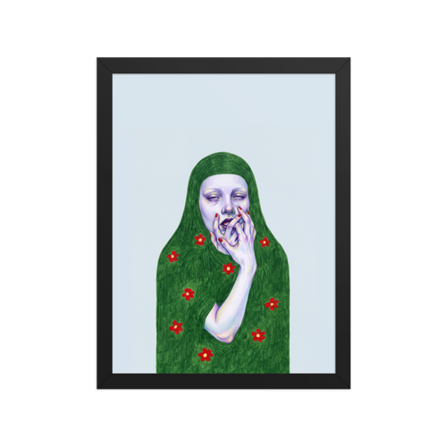Green Veil with Red Flowers Framed Art Print