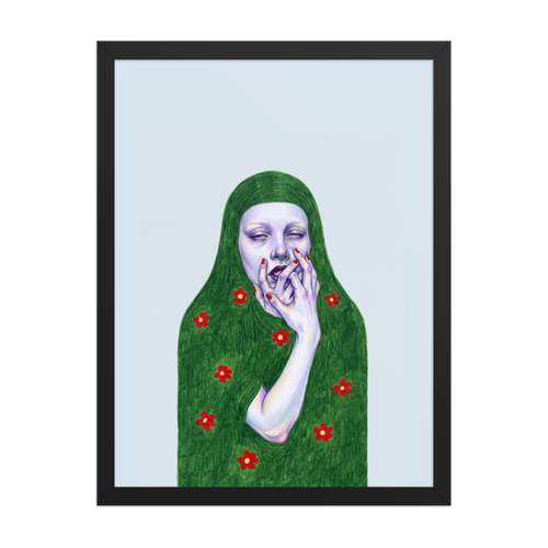 Green Veil with Red Flowers Framed Art Print