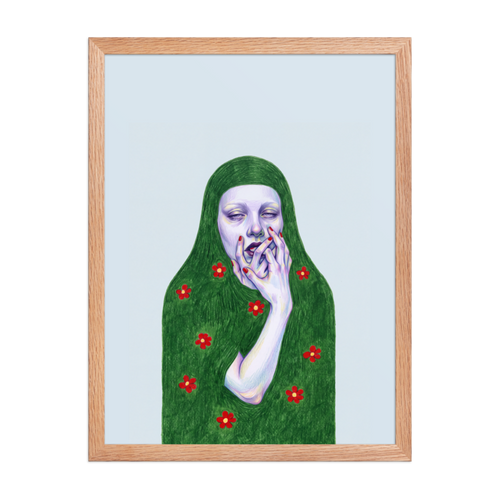 Green Veil with Red Flowers Framed Art Print