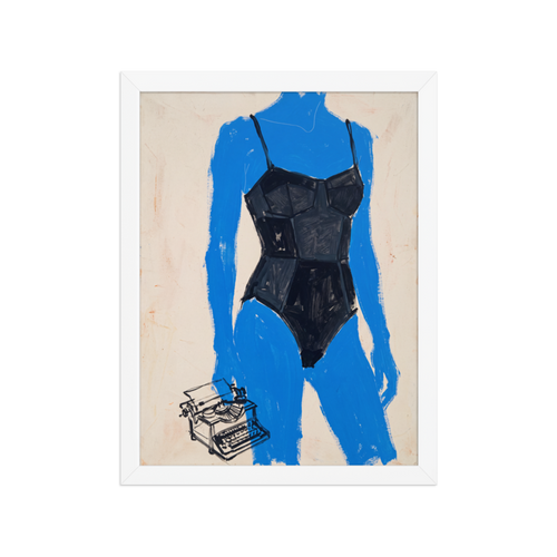 Blue Figure with Typewriter Framed Art Print