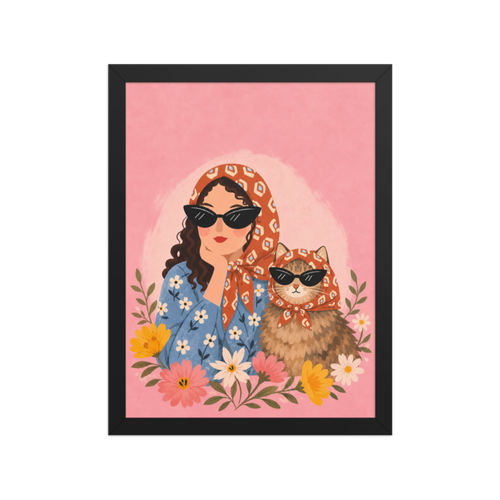 Cat Lady in Scarves Framed Art Print