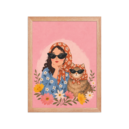 Cat Lady in Scarves Framed Art Print