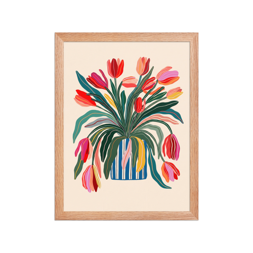 Tulips in Striped Vase Framed Art Print