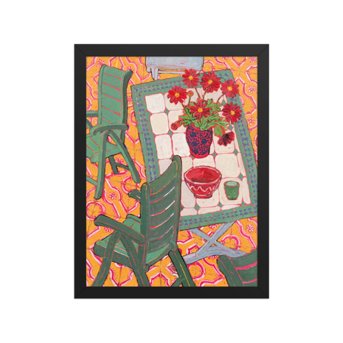 Garden Table with Red Daisies Framed Art Print