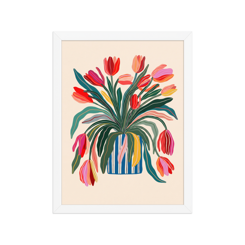 Tulips in Striped Vase Framed Art Print