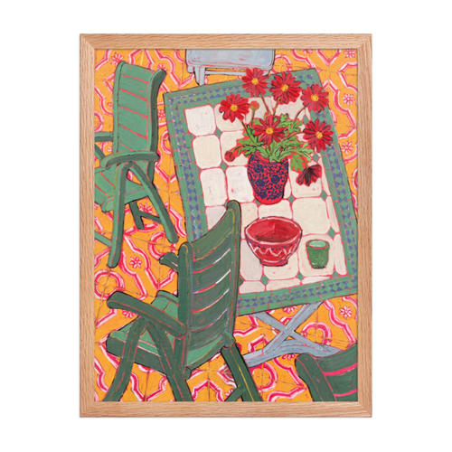 Garden Table with Red Daisies Framed Art Print