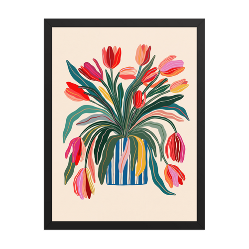 Tulips in Striped Vase Framed Art Print
