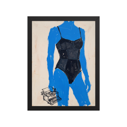 Blue Figure with Typewriter Framed Art Print