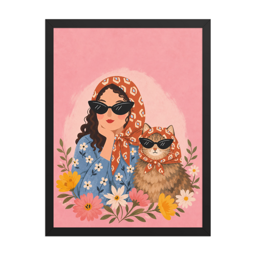 Cat Lady in Scarves Framed Art Print