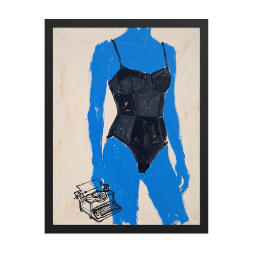 Blue Figure with Typewriter Framed Art Print