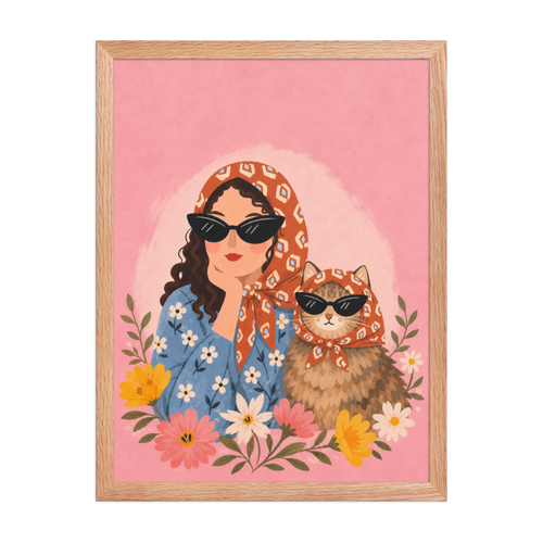 Cat Lady in Scarves Framed Art Print